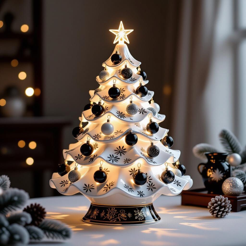 Qing Hua Porcelain Christmas Tree with Black and Silver