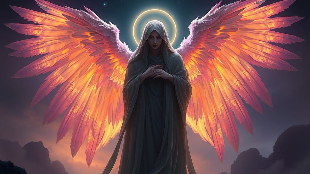 : A celestial being, cloaked in shadows and radiating an ethereal glow, stands at the threshold between ...  by @dmaster1968