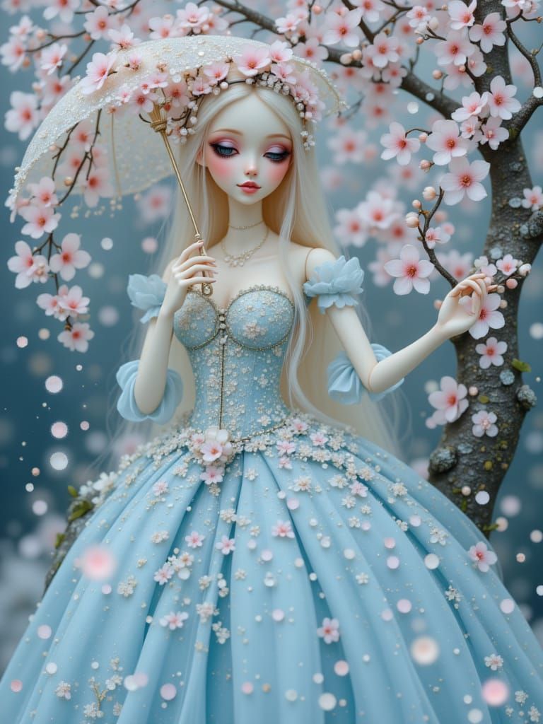 <lora:BlytheDoll:1.0> 

An ethereal beauty in a powder-blue corseted ballgown, sitting beneath a cherry blossom tree at twilight, petals fal...