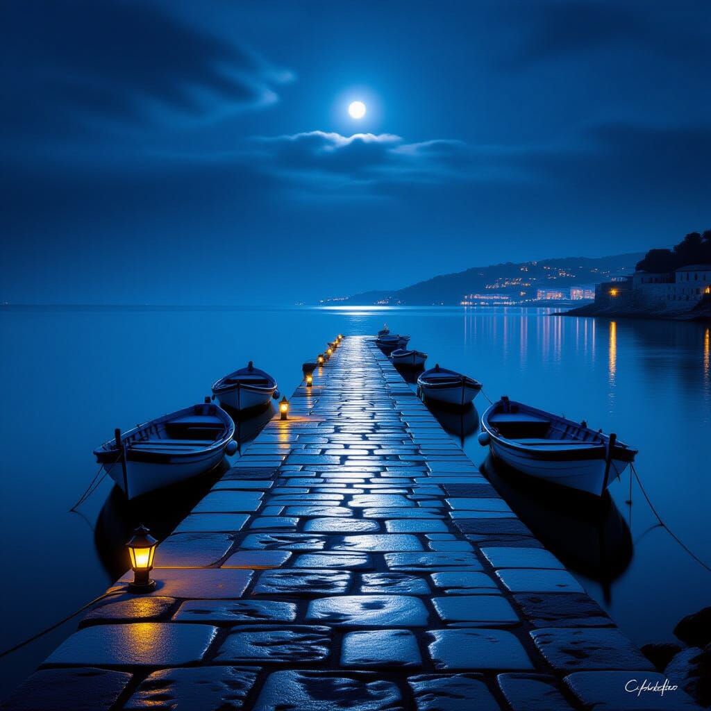 Moonlit Ancient Harbor with Distant City