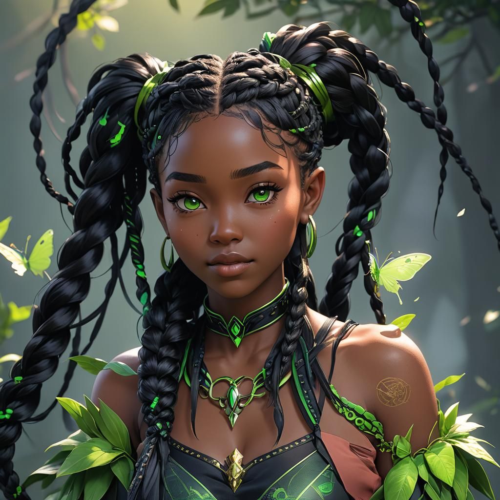 black girl fairy braids with green highlight with earth powe...