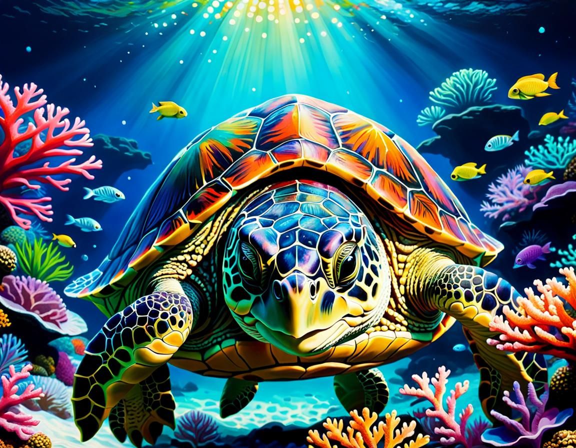 colorful luminescent turtle with dot eyes in aquarium full of sea life ...