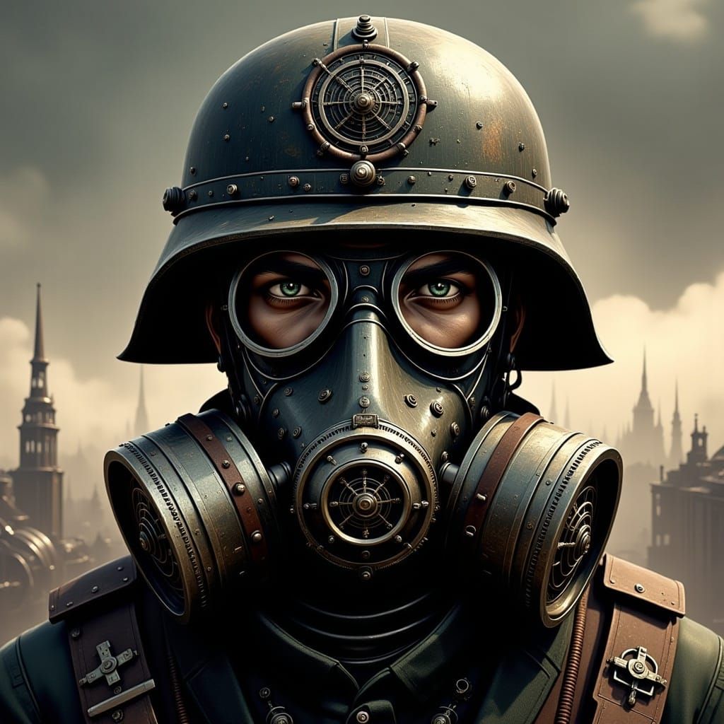  <lora:Dieselpunk Flux:1.0> A portrait of a soldier with a gas mask, high quality