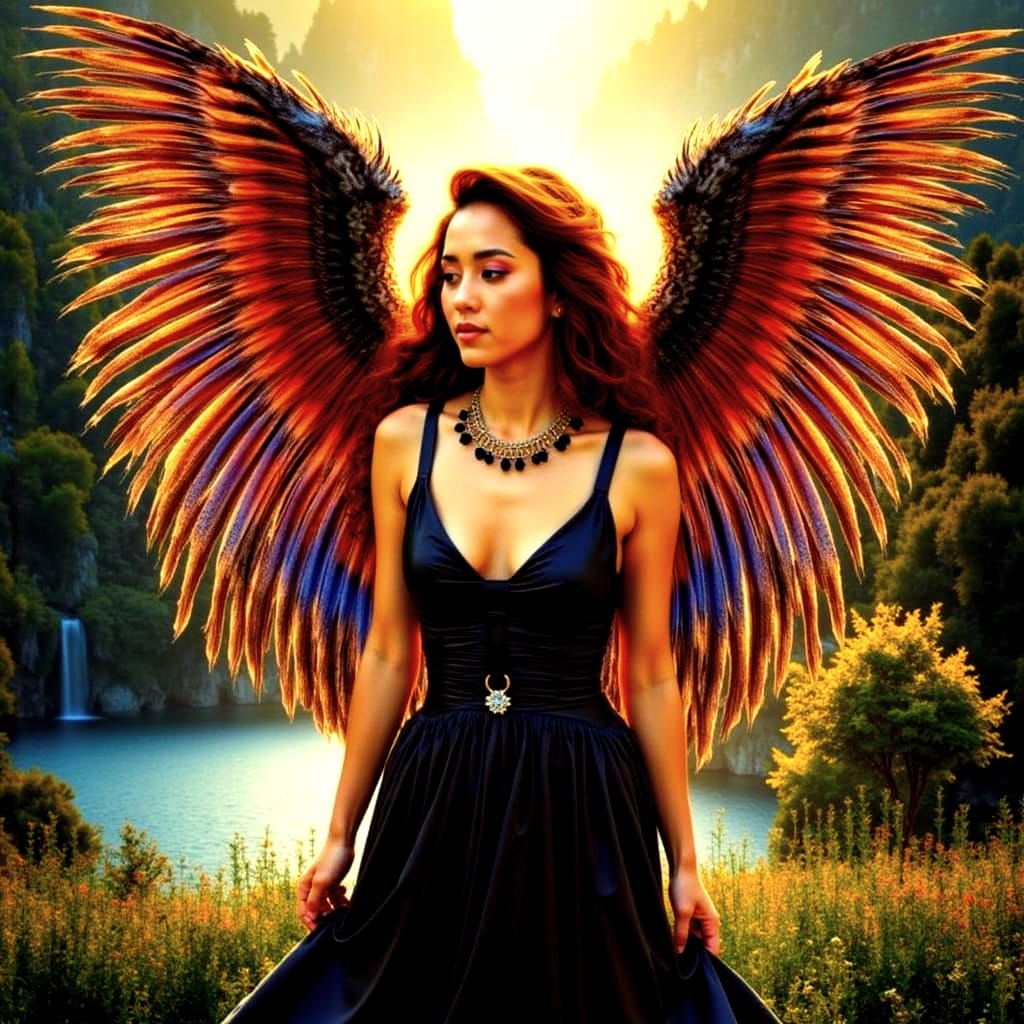 Goddess of Courage and Beauty in Vibrant Feathers