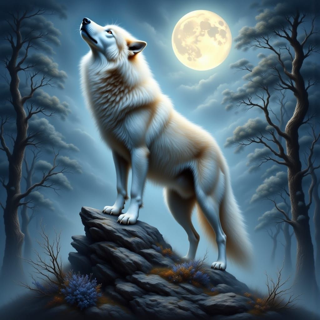 Ethereal Wolf under Full Moonlight