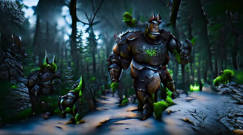 Spike armor ogre walks through dark enchanted forest landsca...