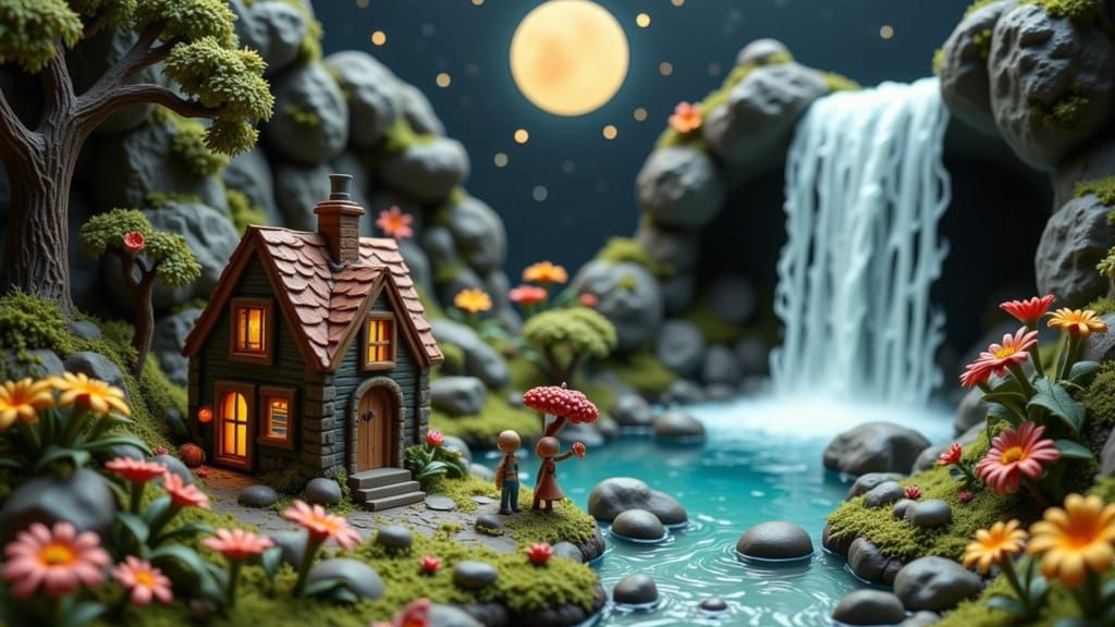 Ethereal Moon Cottage with Claymation Figures