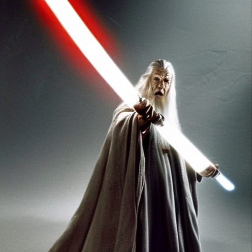 Gandalf from Lord of the Rings standing with a light saber f...