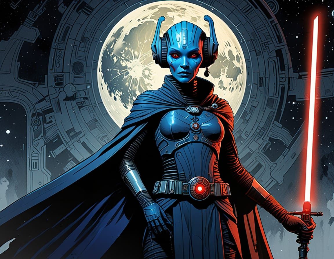 blue twi'lek woman sith lord and vampire, star wars, dynamic pose with red light saber, masterpiece, intricate motifs, centered