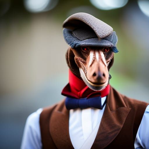 dapper feathered velociraptor wearing a cravat and waistcoat...