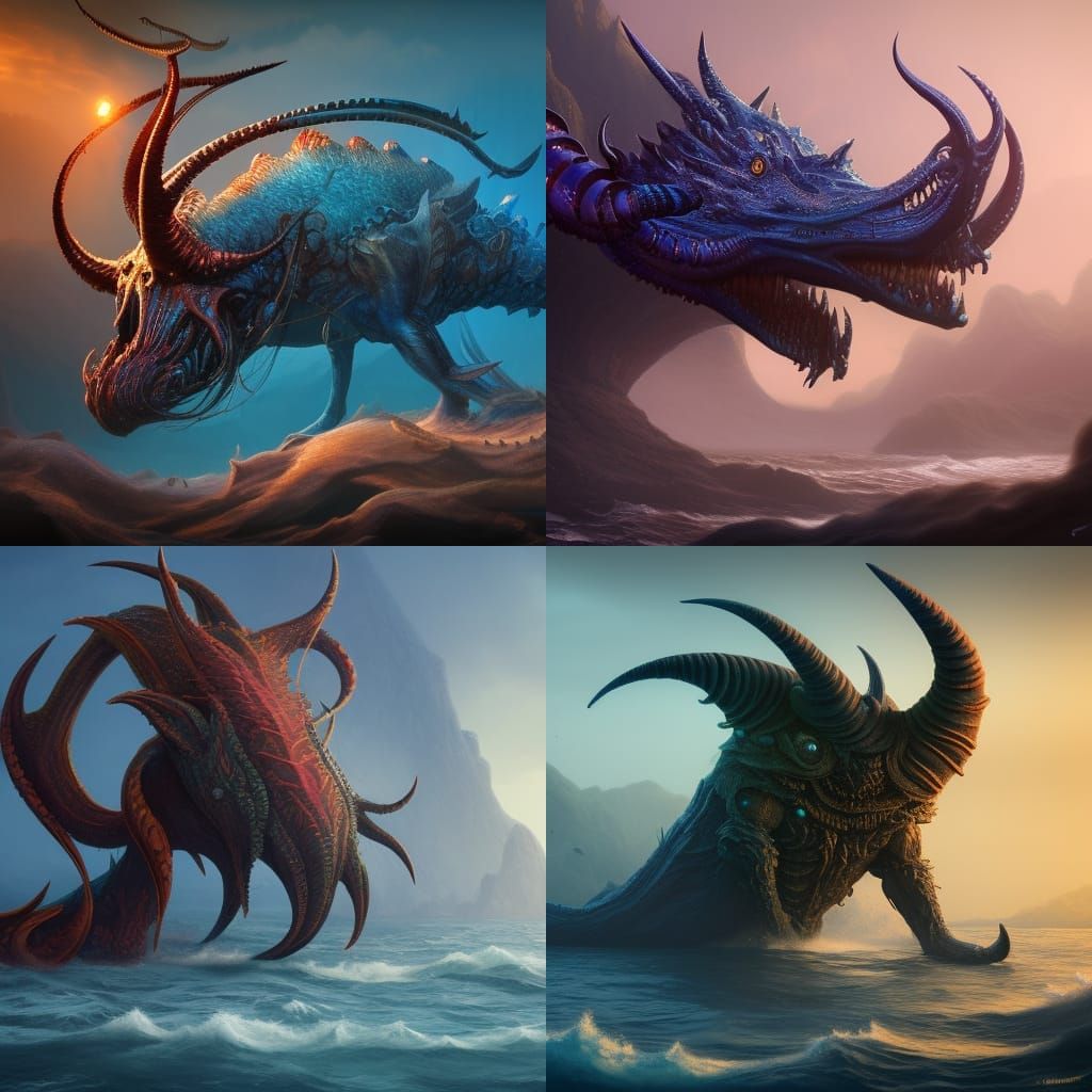 A sea beast with horns and a tail