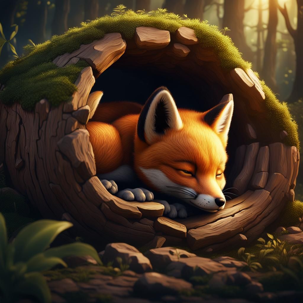 Baby fox sleeping in a hollow log  by @Melissa Fischer