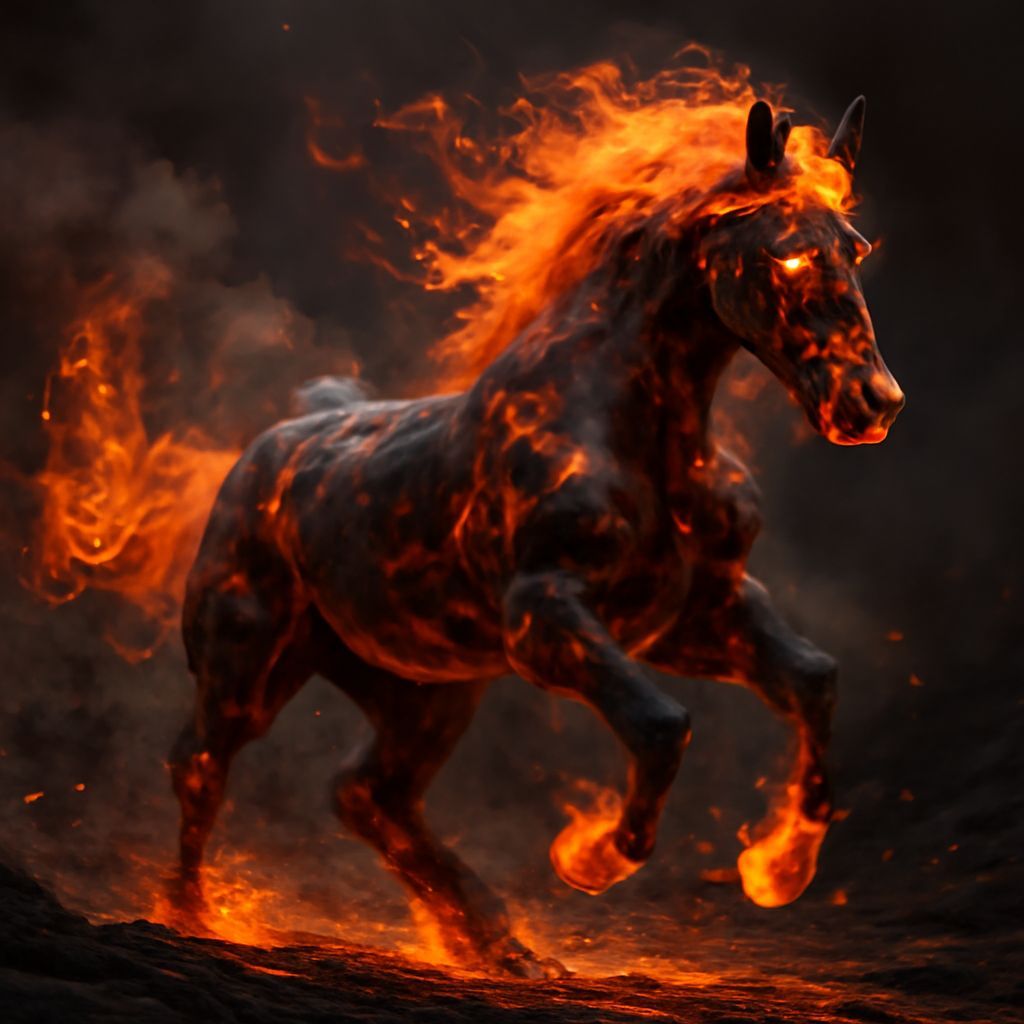 A mesmerizing 3D realistic render of a mythical volcanic horse, forged from the very flames of the earth. The horse's powerful muscles are c...