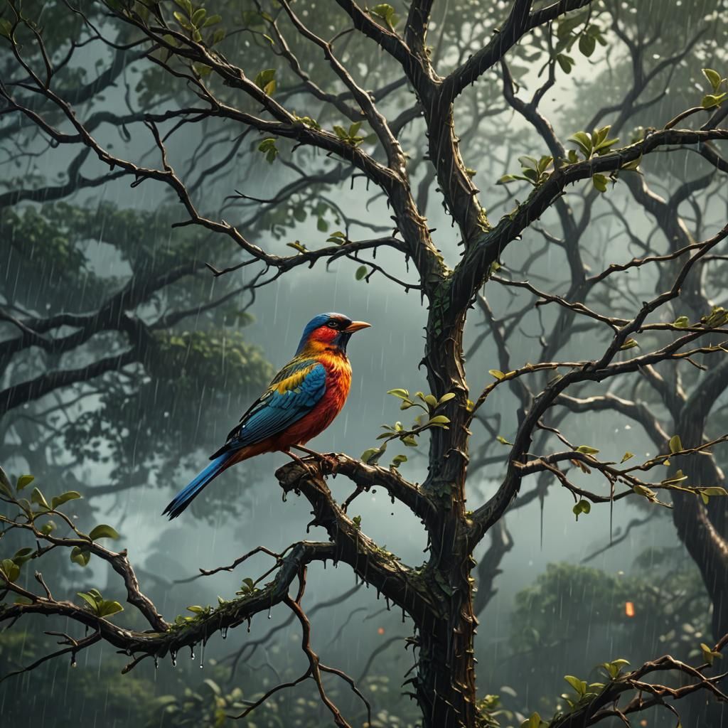 One Bird on a tree in the rain