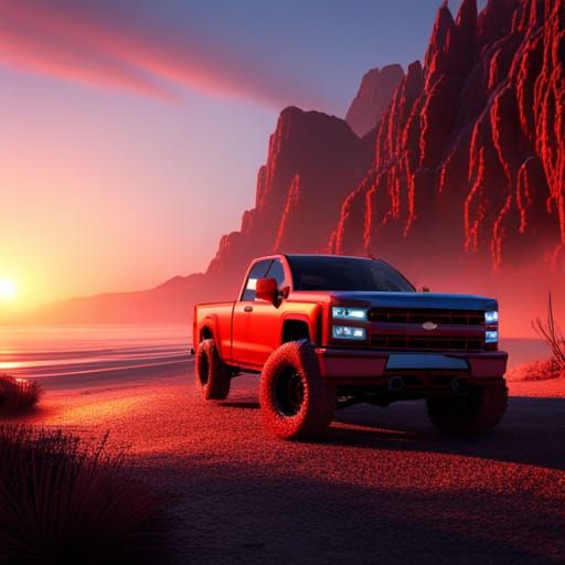 97 red truck sunset