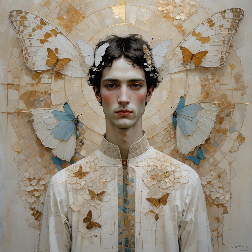 Richard Burlet; Minimalist, celestial young man with butterf...