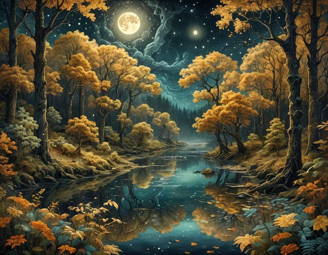 Ethereal Masterpiece of a Luminous Forest under a Galactic S...