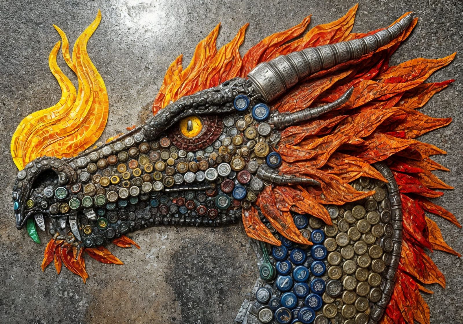 Dragon mosaic made using recycled bottle caps, tin cans and plastic.  by @Kernowek