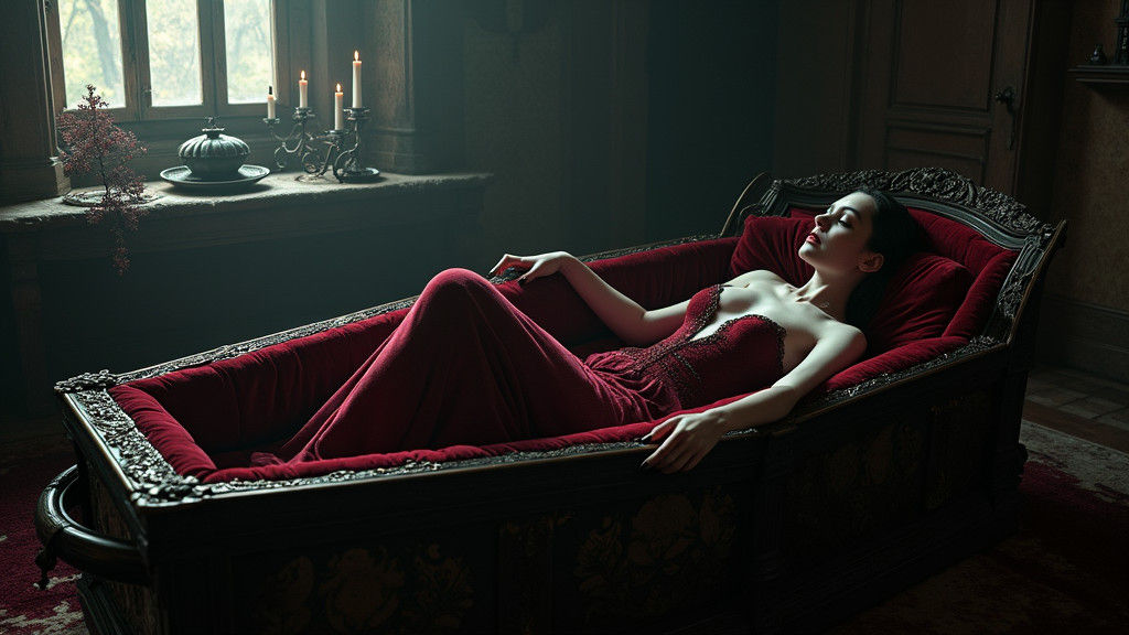 Sleeping vampire woman beautiful coffin open lid old house window