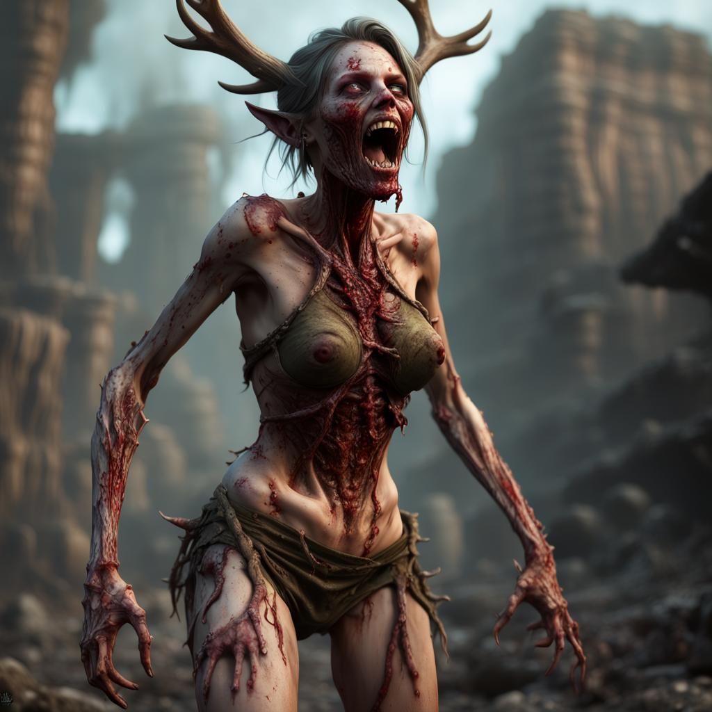 Zombie girl, yelling, slimy, decayed, rib bones, antlers, mu...