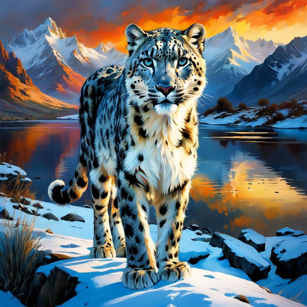 Snow Leopard by the Lake  by @Superbear