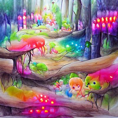 a secret forest full of fairy's beautiful colourful detailed...