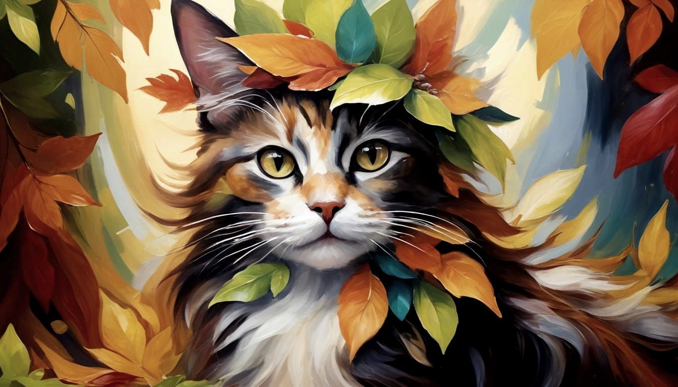 Cat With Leaves Wrapped Around Her Head