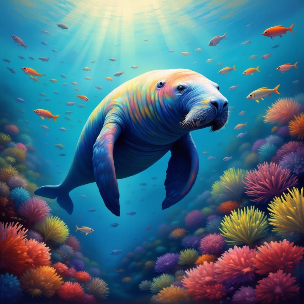 A manatee swimming underwater <lora:Expressive:1.0>