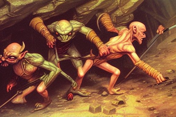 Goblin Pit-Fight, detailed painting, romanticism