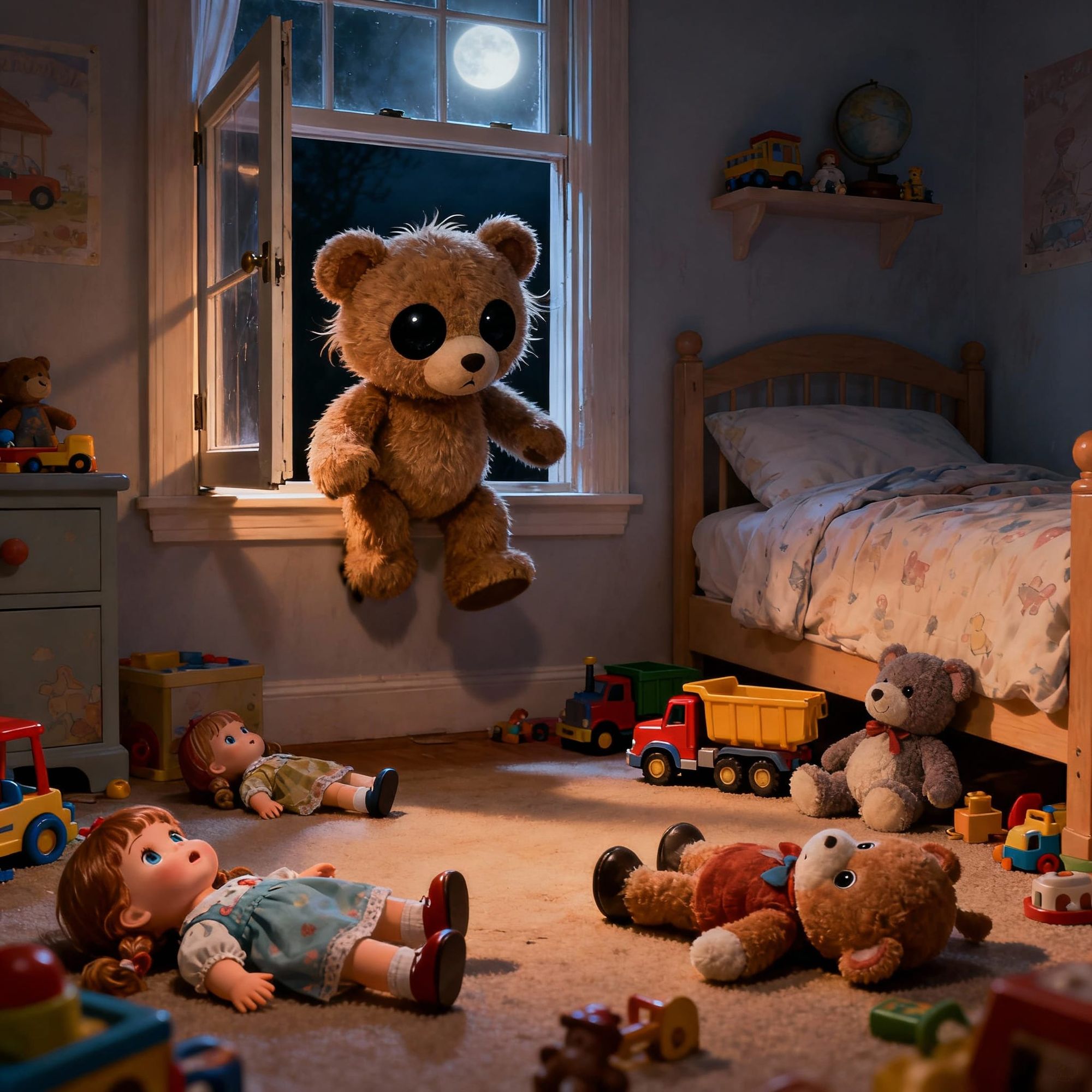 A magic Teddy bear climbed into the room climbs onto the bed and falls asleep 