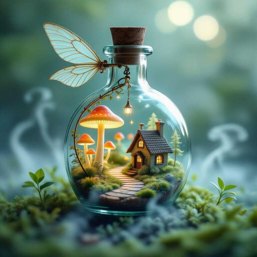 An intricate miniature world is contained within a vintage glass bottle, featuring tiny, glowing mushrooms and a winding path leading to a h...