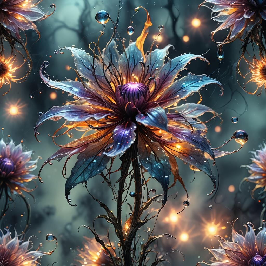 Photorealistic Surreal glowing magical flower made out of ghostly transparent flames. Smoky foggy background, ...  by @Crazymoona