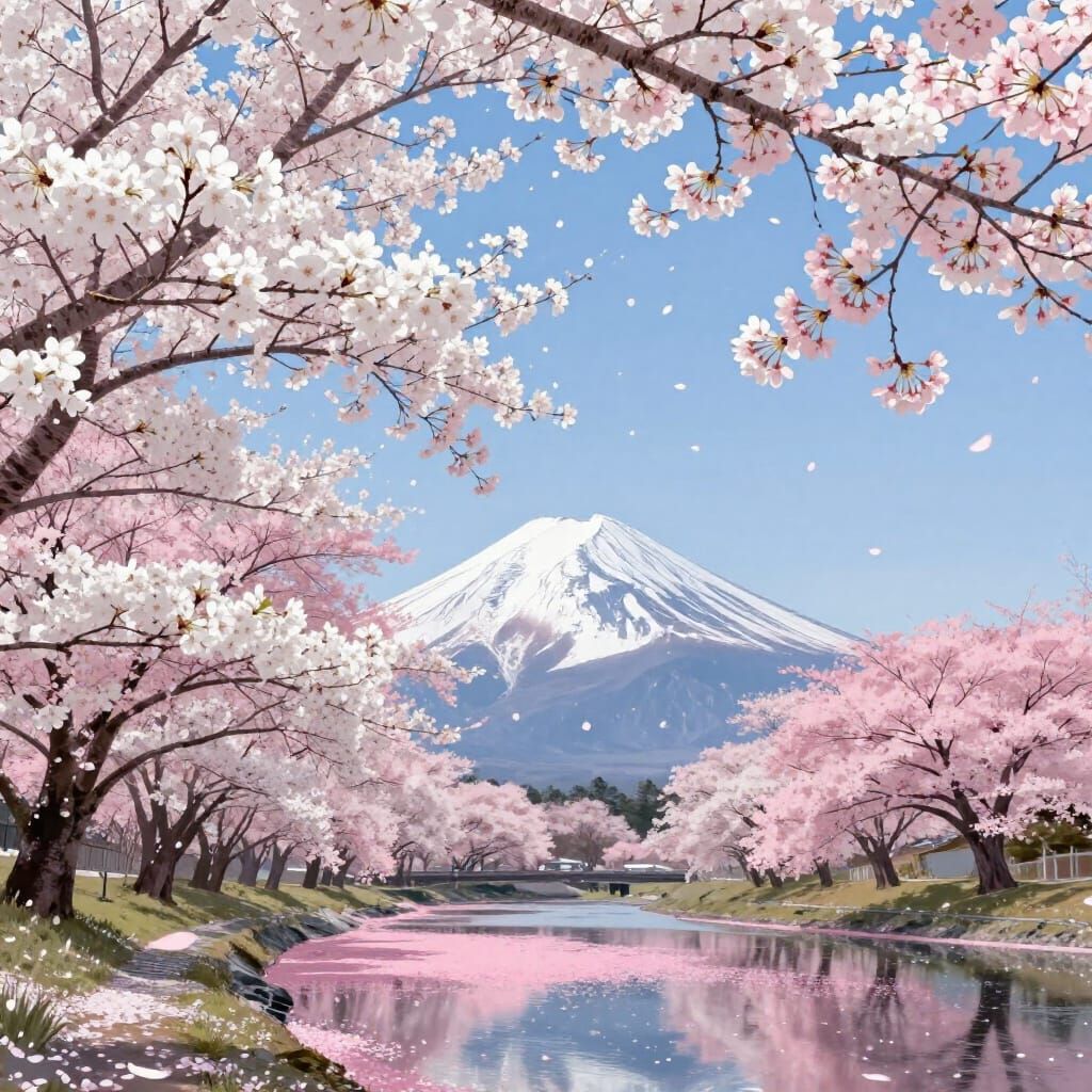 Peak Cherry Blossom Season at Mount Fuji in Ukiyo-e Style