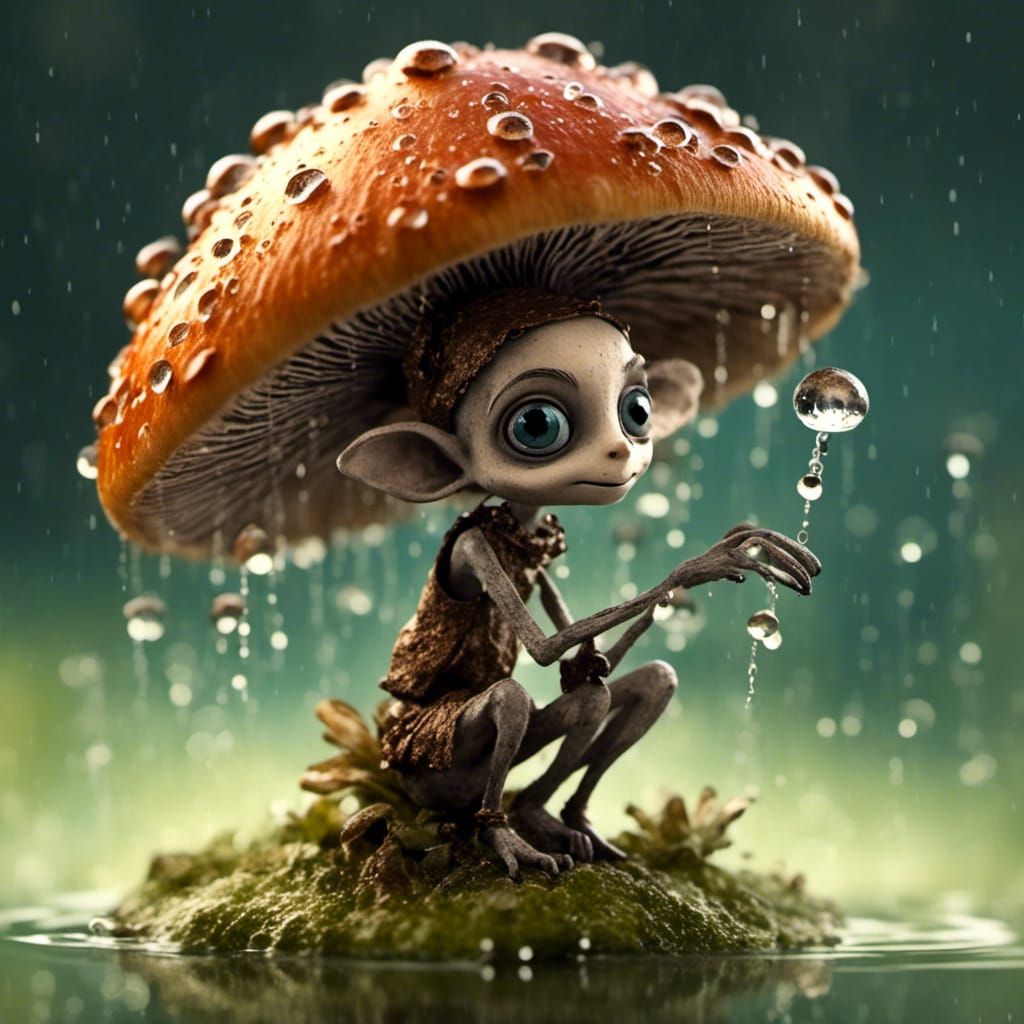 Macro photography of a tiny fairy sitting on a mushroom. Dew drops reflect the morning light. <lora:SybilThorn-LORA6:1.0>