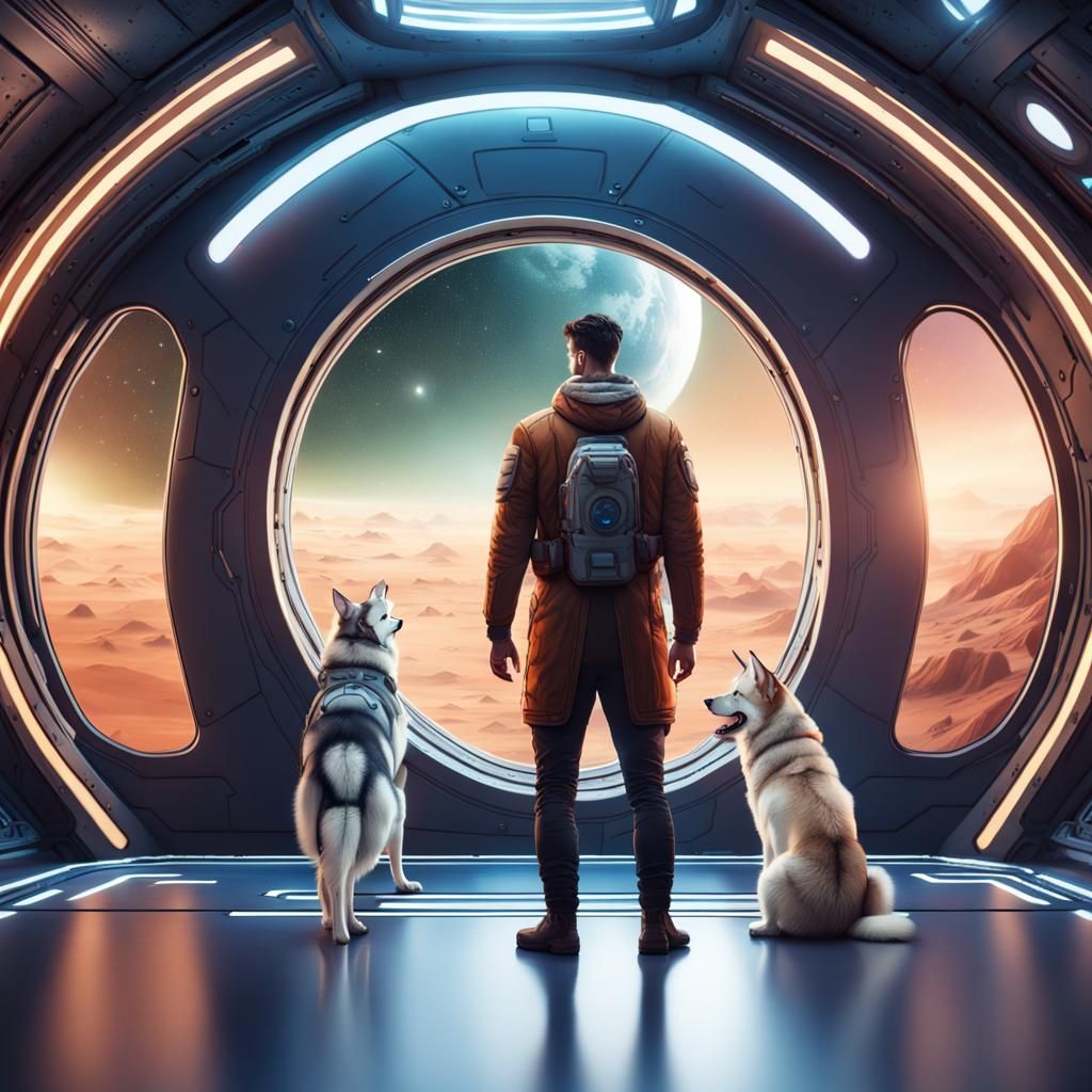 handsome man staring at space with dogs inside a space pod