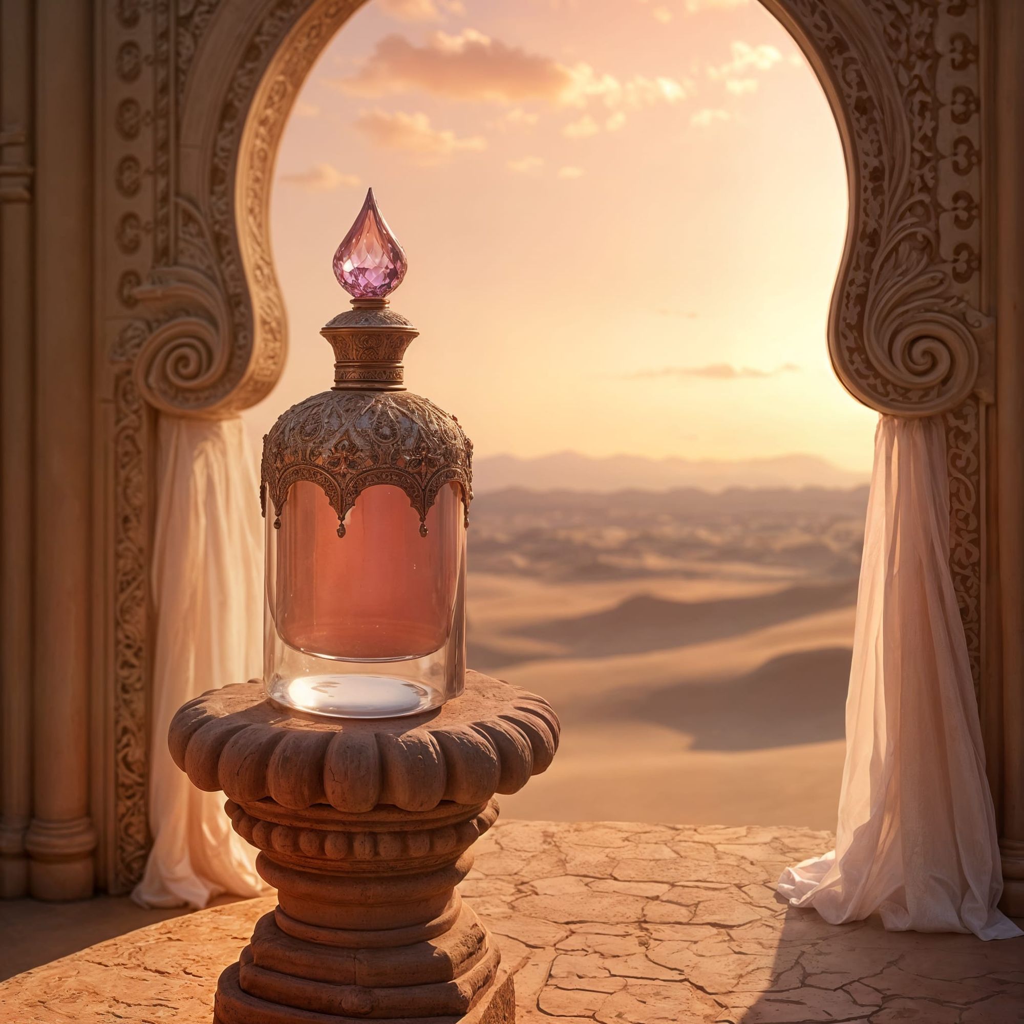 A desert at rosy dusty mauve sunset, hazy light filtering through sheer mesh ivory cream floor legnth panel curtains, hanging in sandstone c...