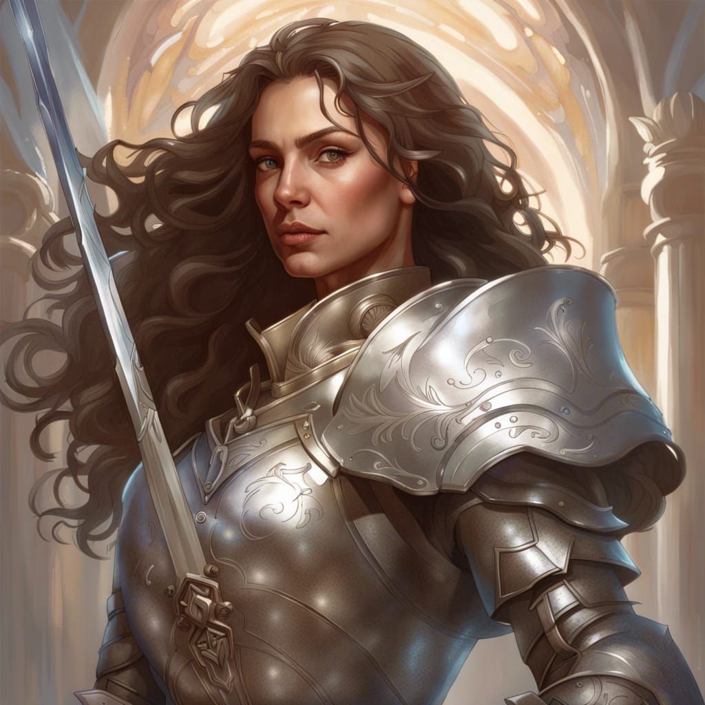 woman with wavy brown hair, holding a sword, dressed in silver armor ...