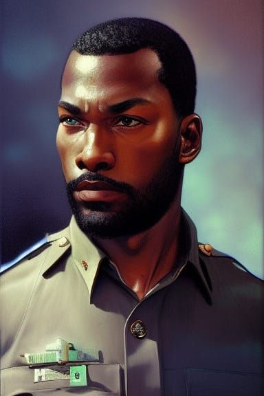 black man, police officer, 1970, portrait