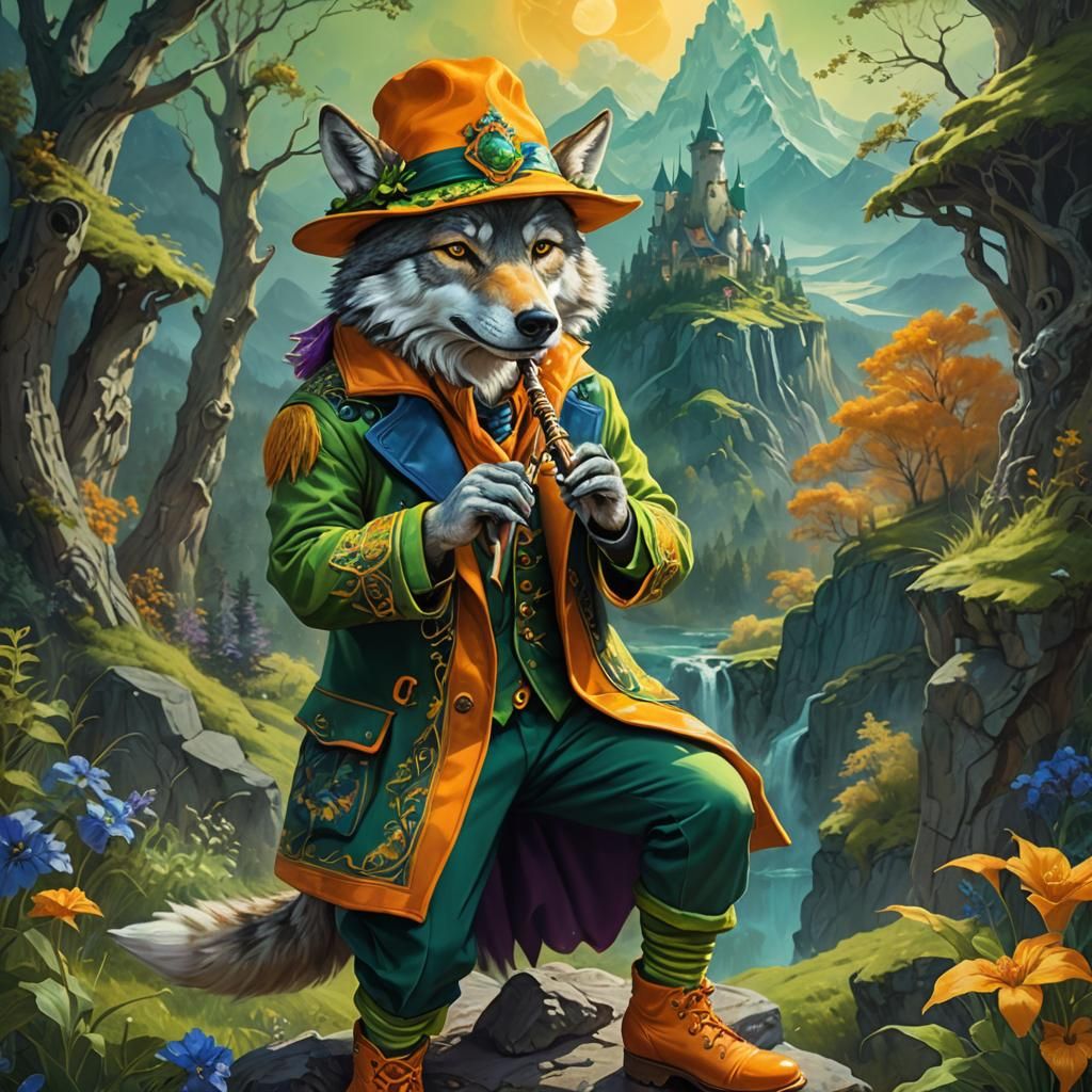 Wolf Musician in Orange Hat: Fantasy Art