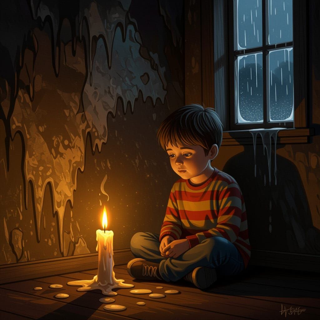 Child's Prayer in Dark Room with Flickering Candle