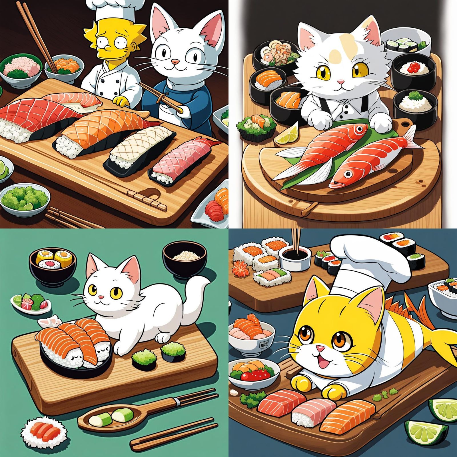 Cartoon fish, on cutting board, cut up into sushi with a whi...