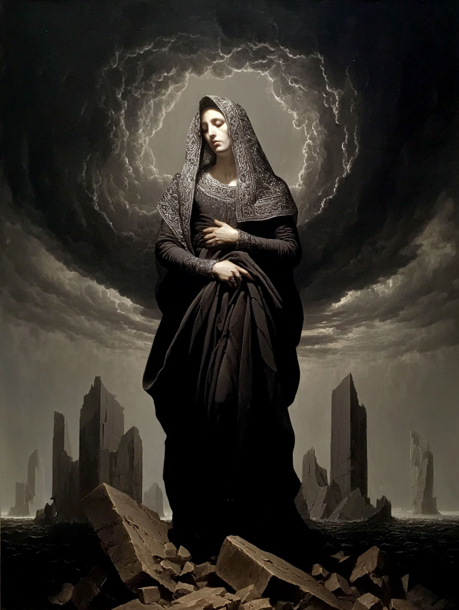 “She stands where gods have fallen, cloaked in sorrow, crown...