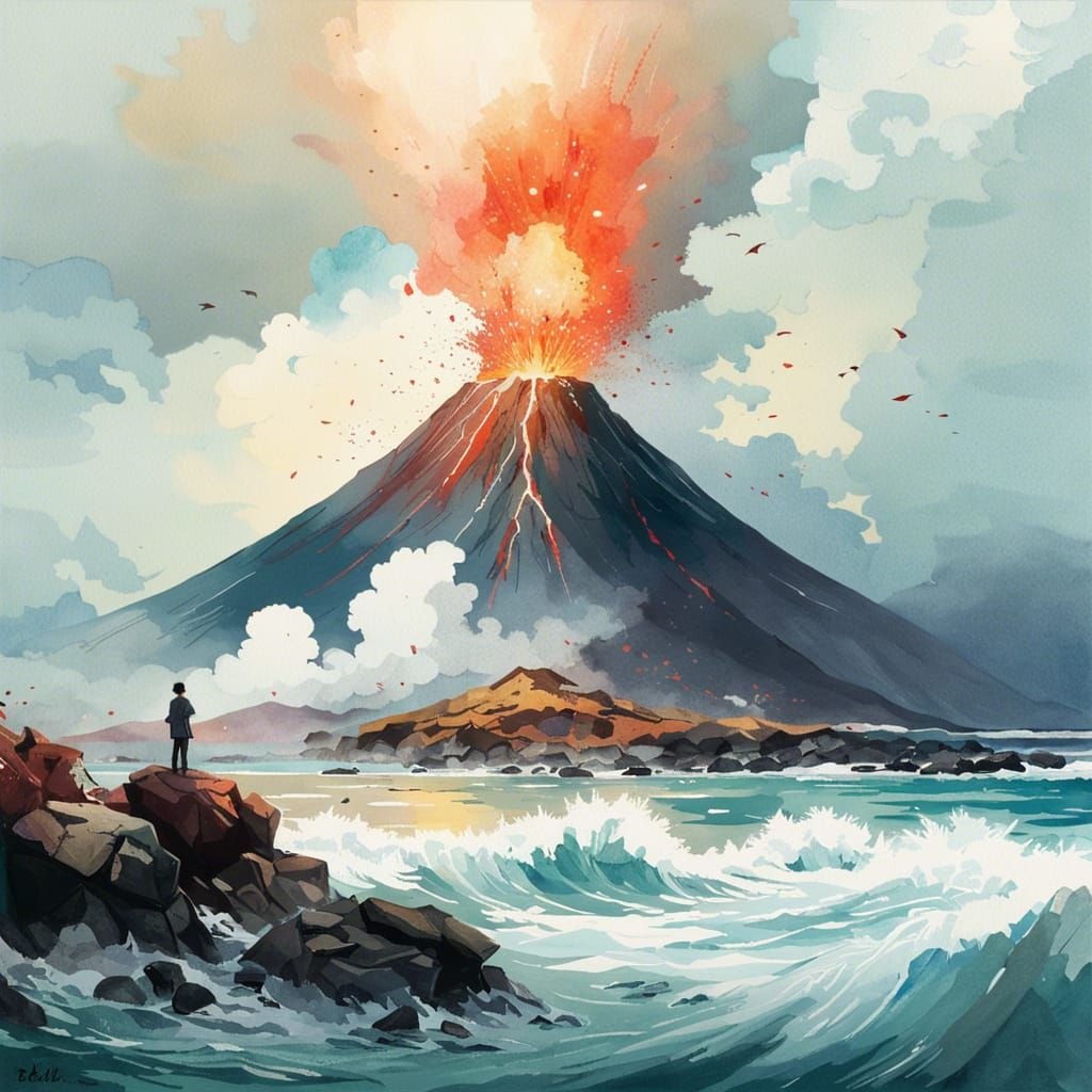 shoreline with a erupting volcano