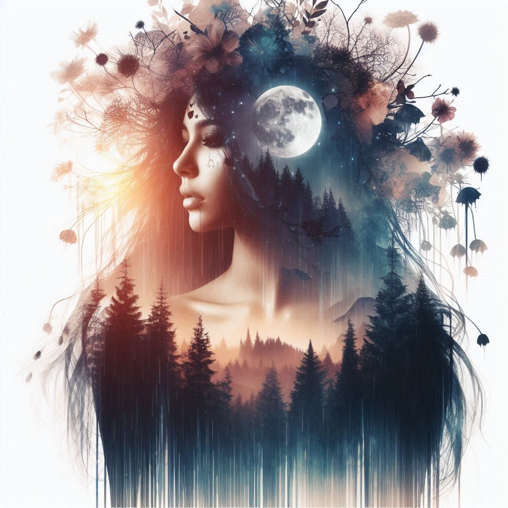 double exposure beautiful fantasy DALL-E 3 portrait landscape..