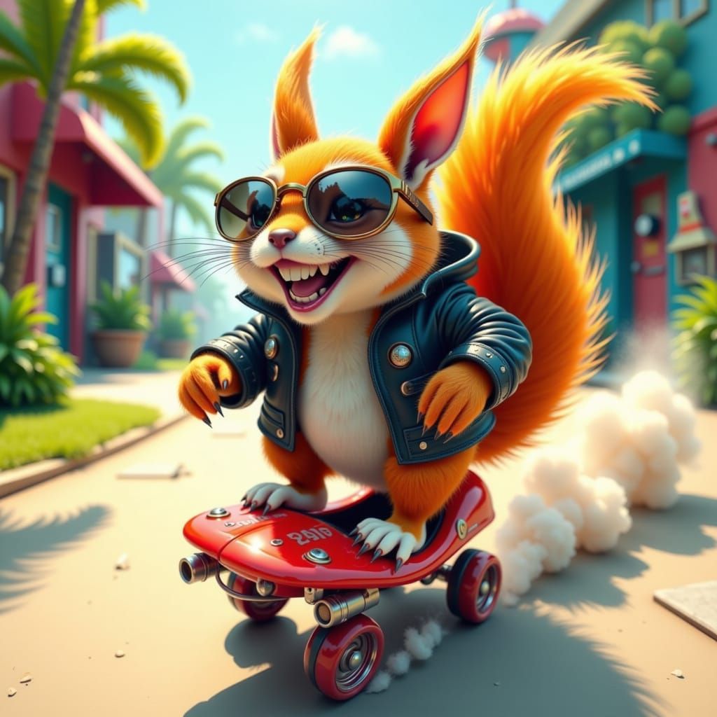 Mischievous Squirrel grinning evilly as it takes a speedy joyride hanging half out of a toy roller skate found on a sidewalk.