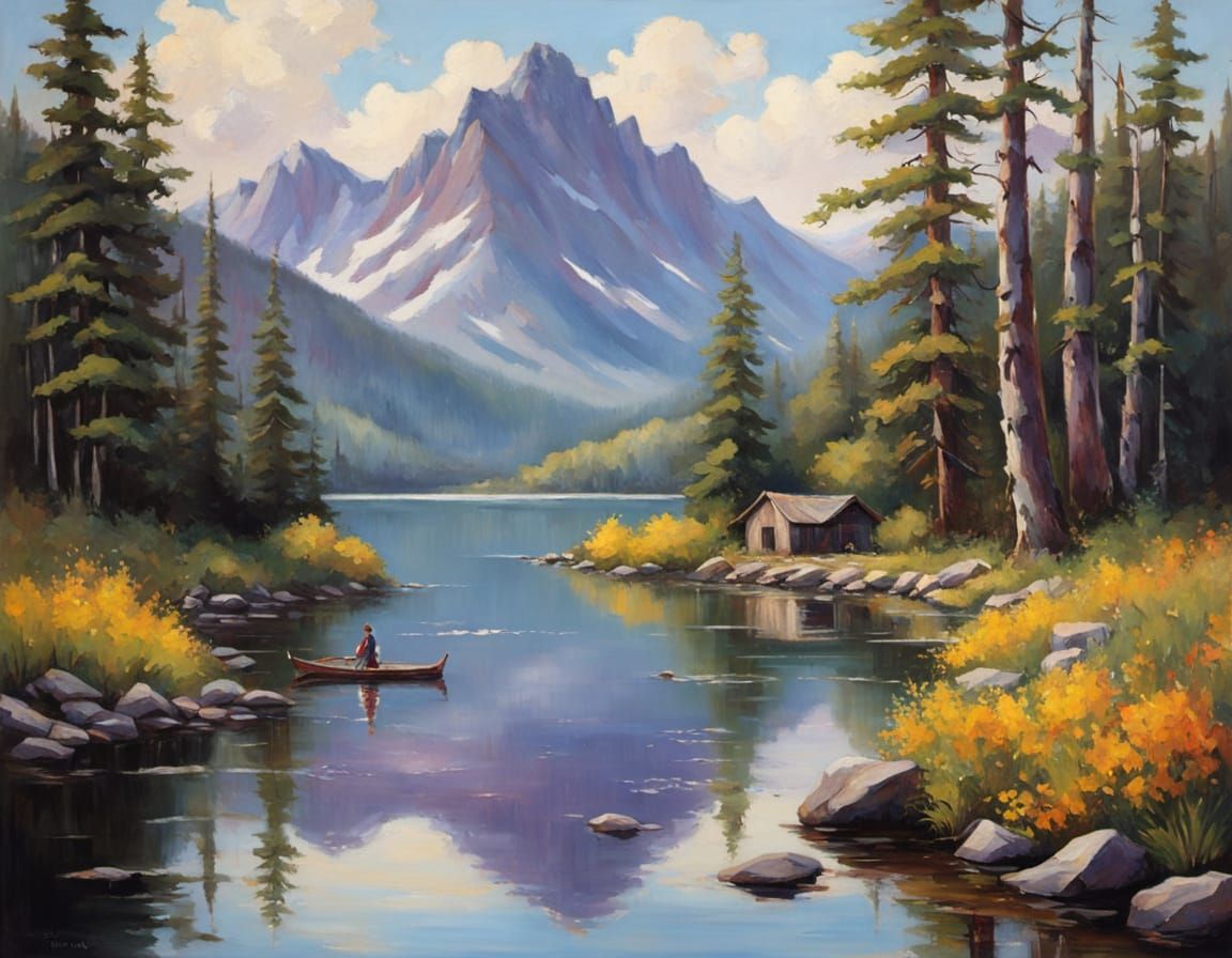 “A pristine mountain lake surrounded by rugged peaks, with crystal-clear water reflecting the towering ...  by @CavDad 