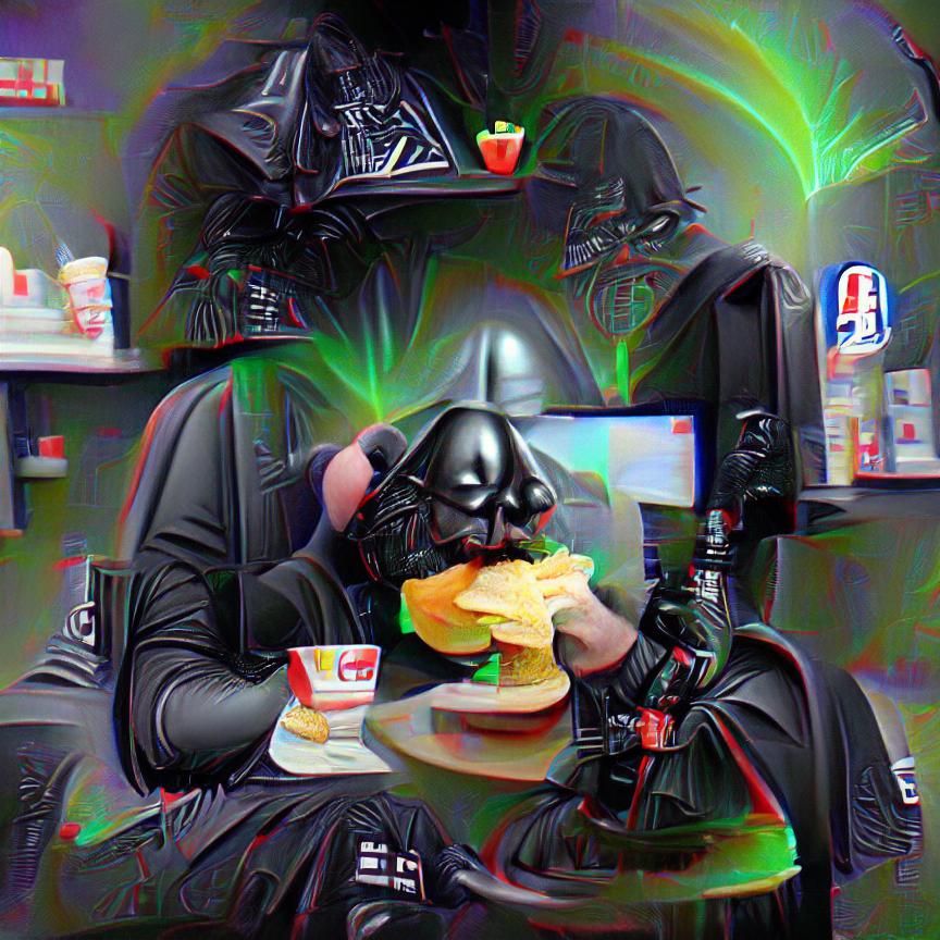 Darth Vader eating cheesburger 8K 3D
