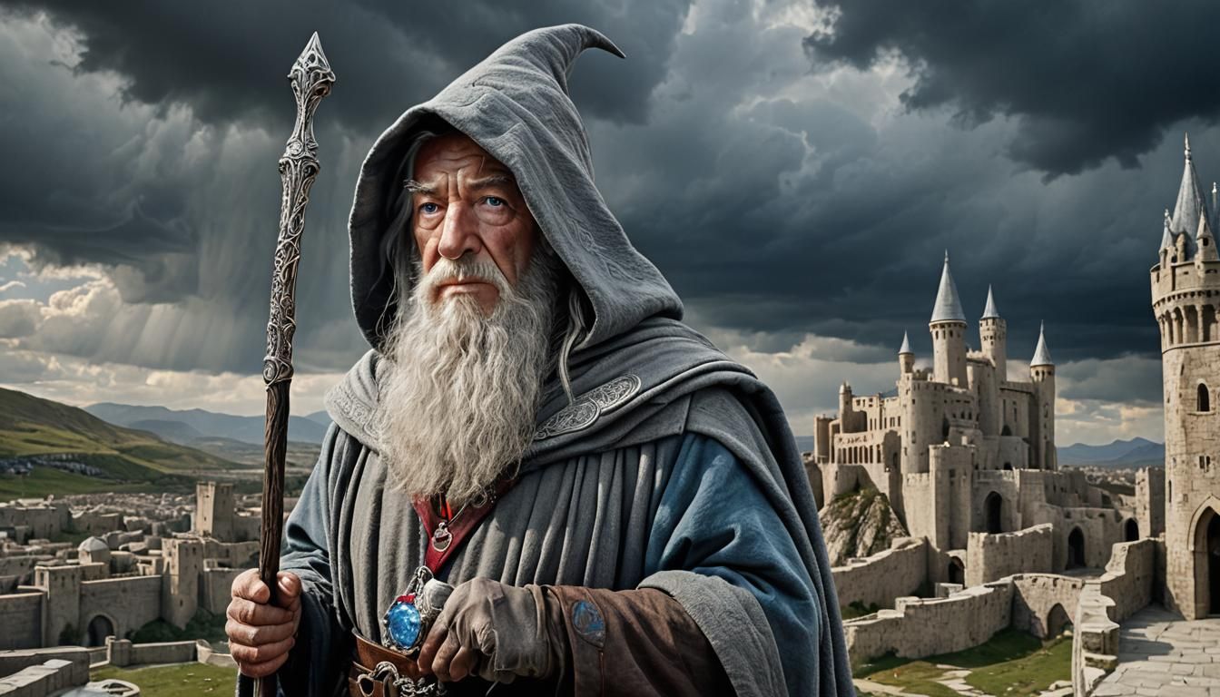 Gandalf From Lord Of The Rings, Wearing A Silver Hood, In His Left Hand ...