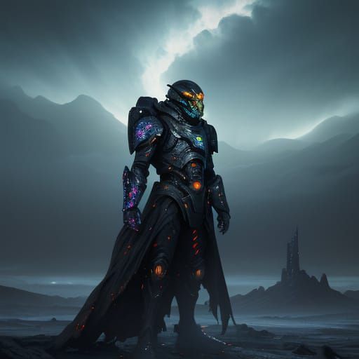 Futuristic Knight in Alien Landscape