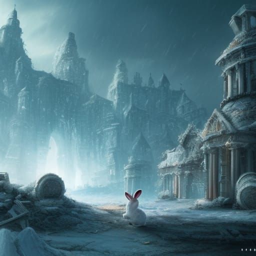 snow rabbit wandering in a ruin city
